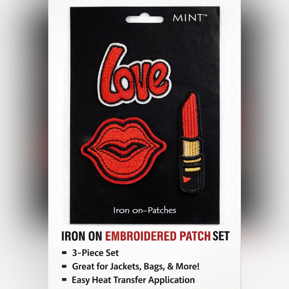 Love & Lipstick Embroidered Iron-On Patch Set – 3 Piece Red Glam Design